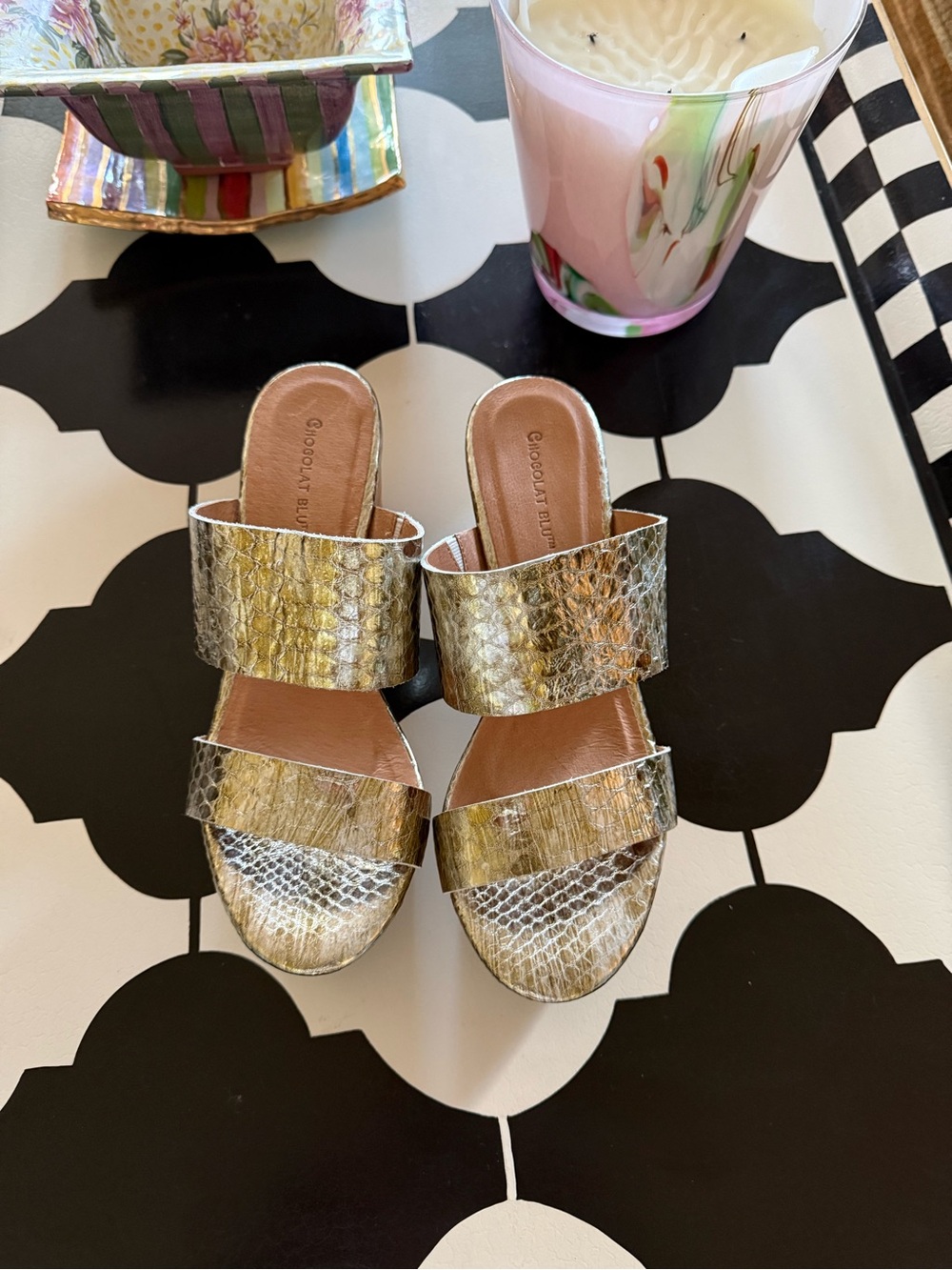 Chocolat Blu Metallic Gold Snake-Embossed Double Strap Slide Mules